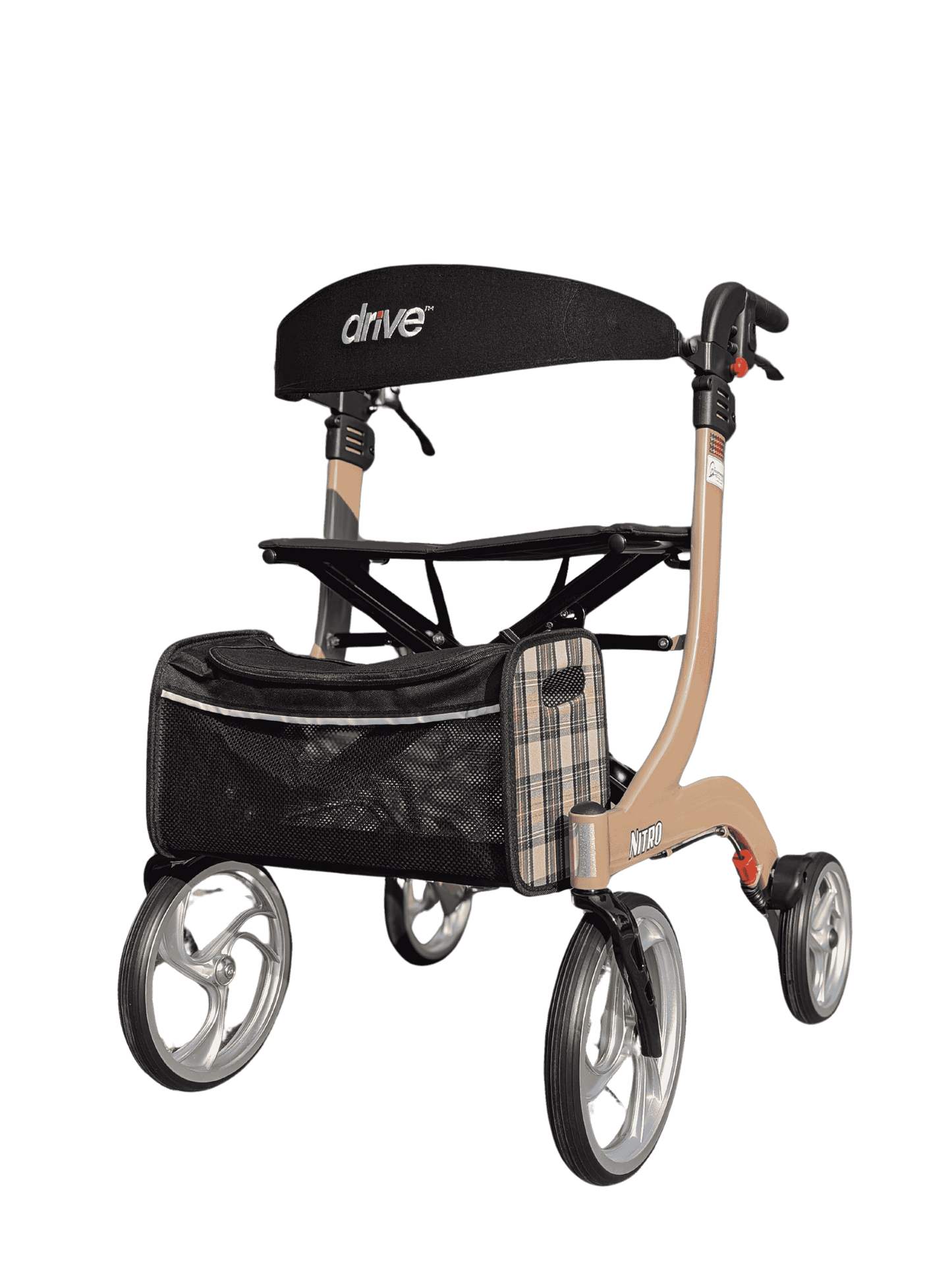 champagne kleurige rollator met vier rubberen banden. Een rugsteun en een mand/ zak voorop. In hoogte verstelbaar. Grote banden en een plek om op te zitten.